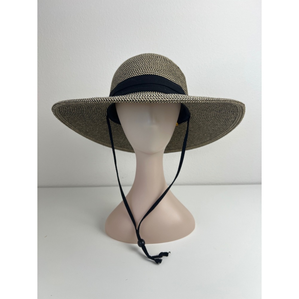 Solar Escape Wide Brim Sun Hat UPF Chin Strap Packable Beige Black One Size